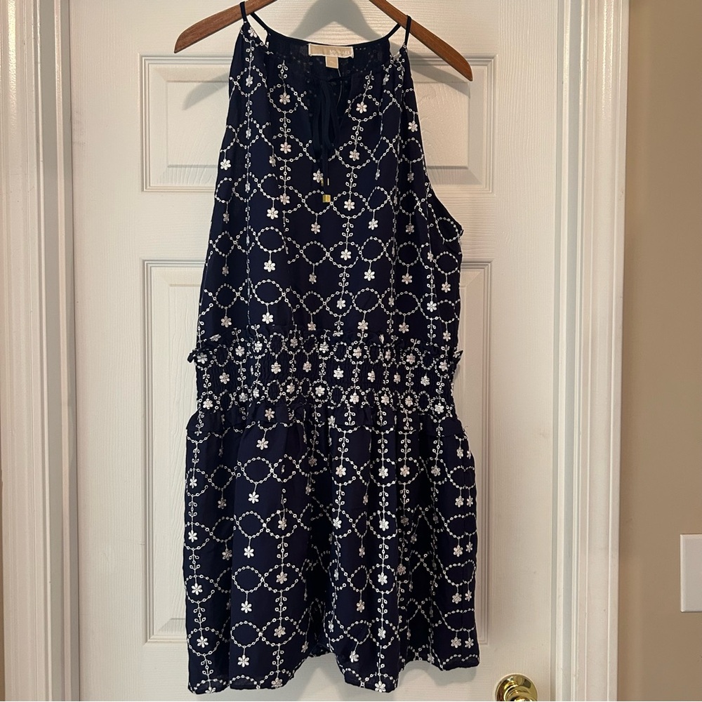 Michael Kors Halter Dress Size XL Blue Embroidered Sleeveless VNeck Pullover Tie